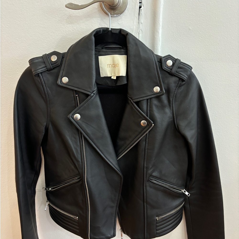 Maje Black Leather Biker Jacket with Silver Hardware